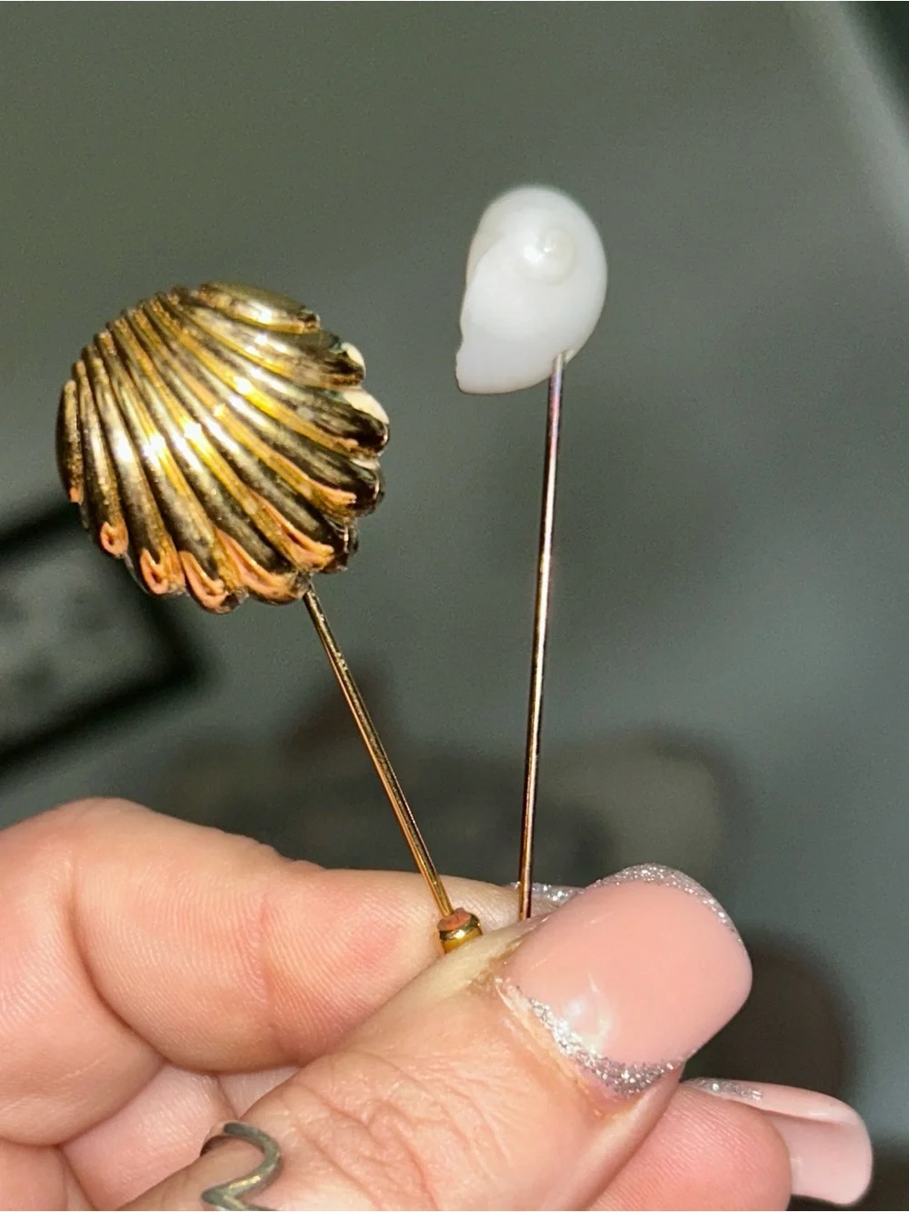 Large Gold Half Shell Lapel Pin & White Snail Shell(?) - Both EUC